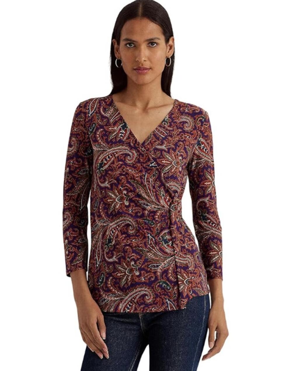 LAUREN RALPH LAUREN Women's Paisley Jersey Top Small Red Multi Stretch NWT